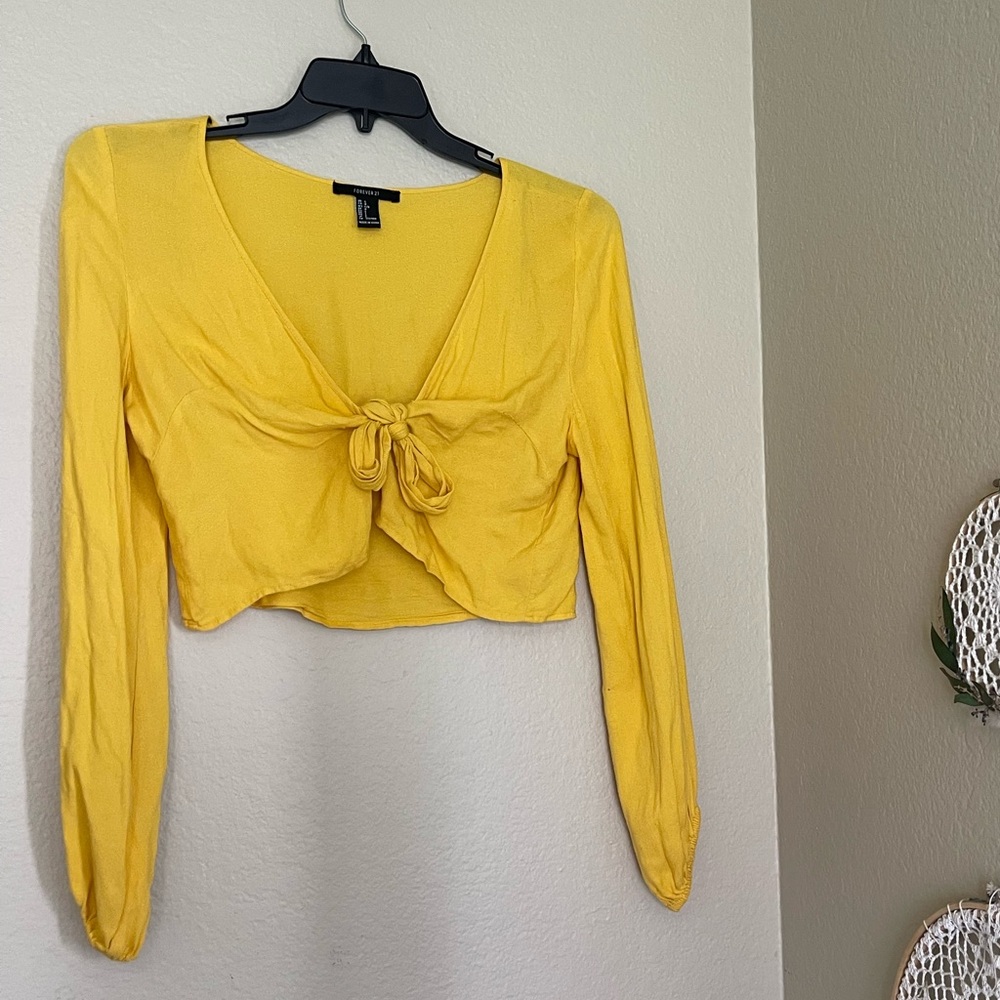 Forever 21 Yellow Front Tie Long Sleeve Top